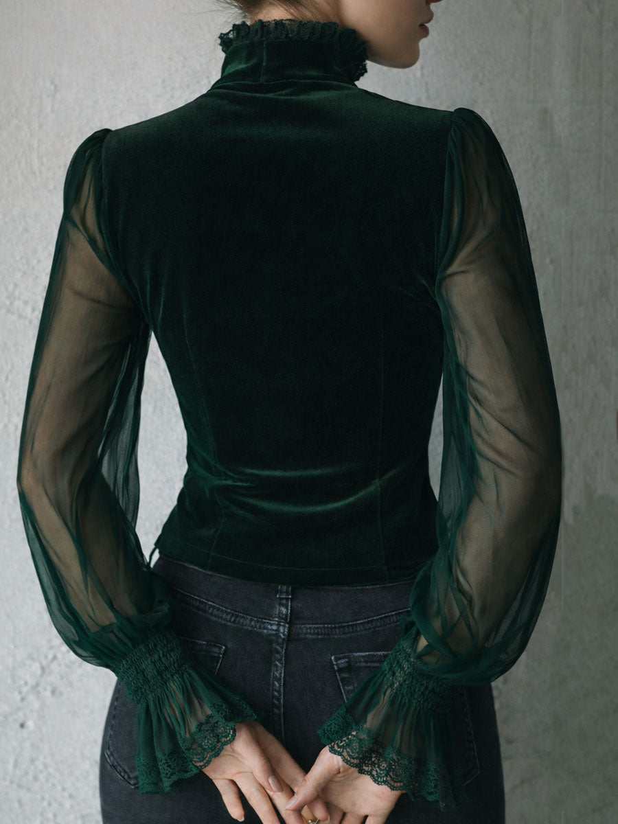 Gothic Lace Trim Black Velvet Corset Blouse With Sheer Sleeves