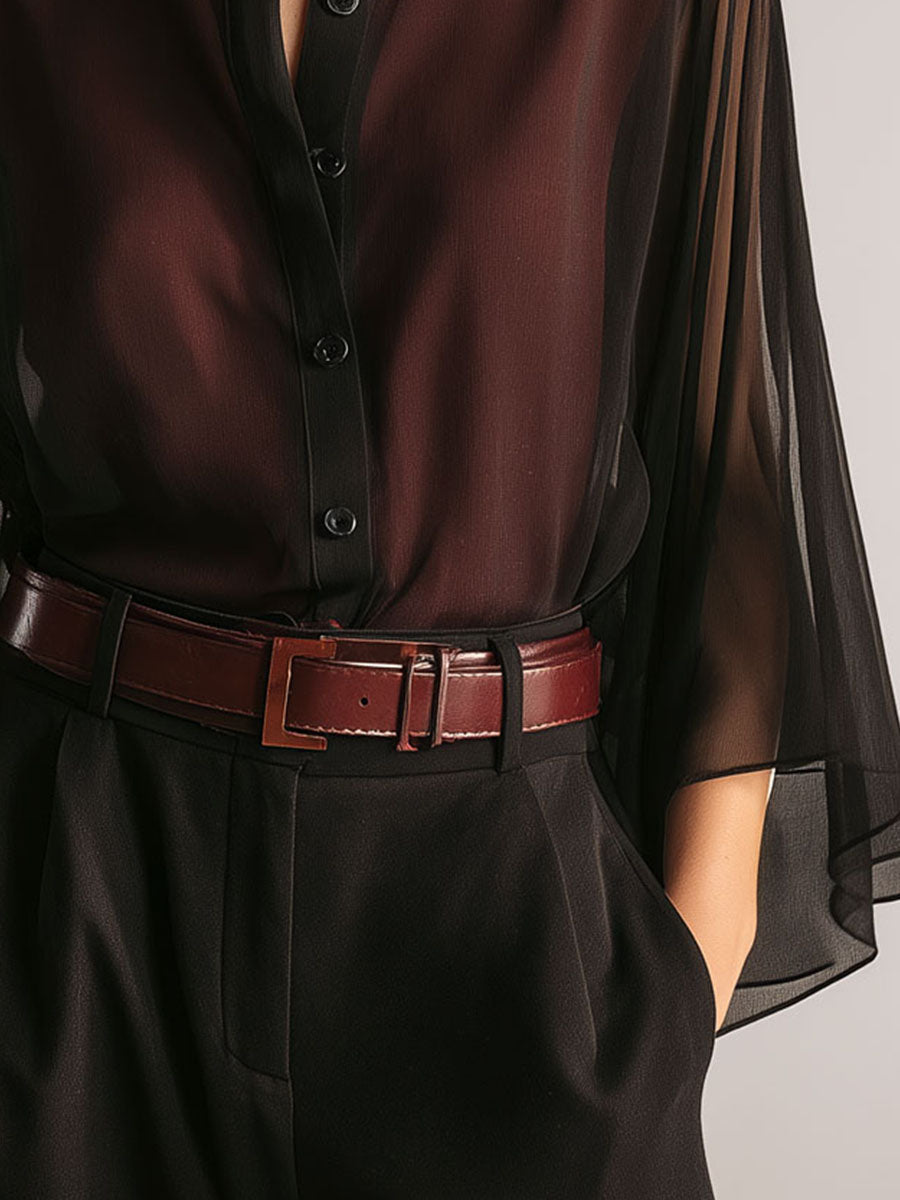 Quiet Luxury Burgundy & Black Semi-Sheer Chiffon Blouse