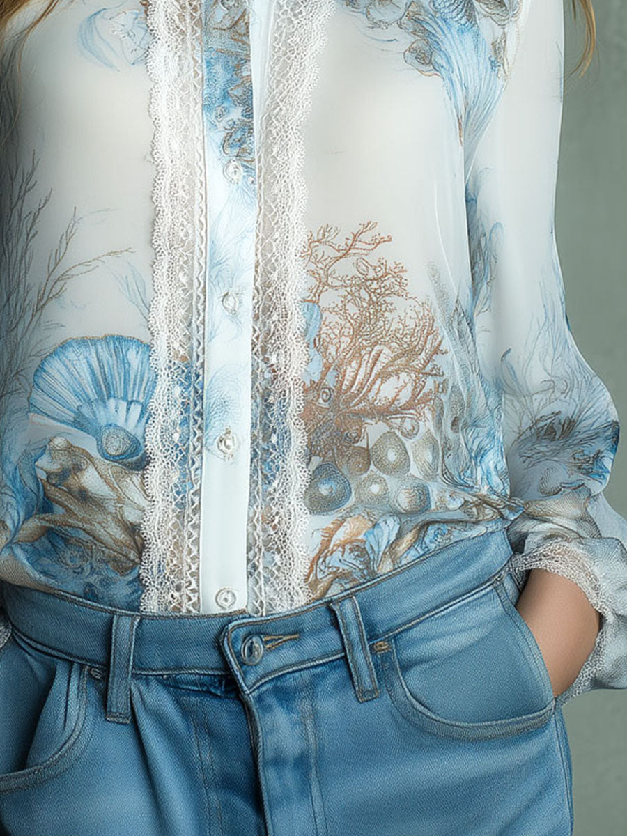 Retro Seashell Print Ocean-Inspired Chiffon Blouse With Lace Trim