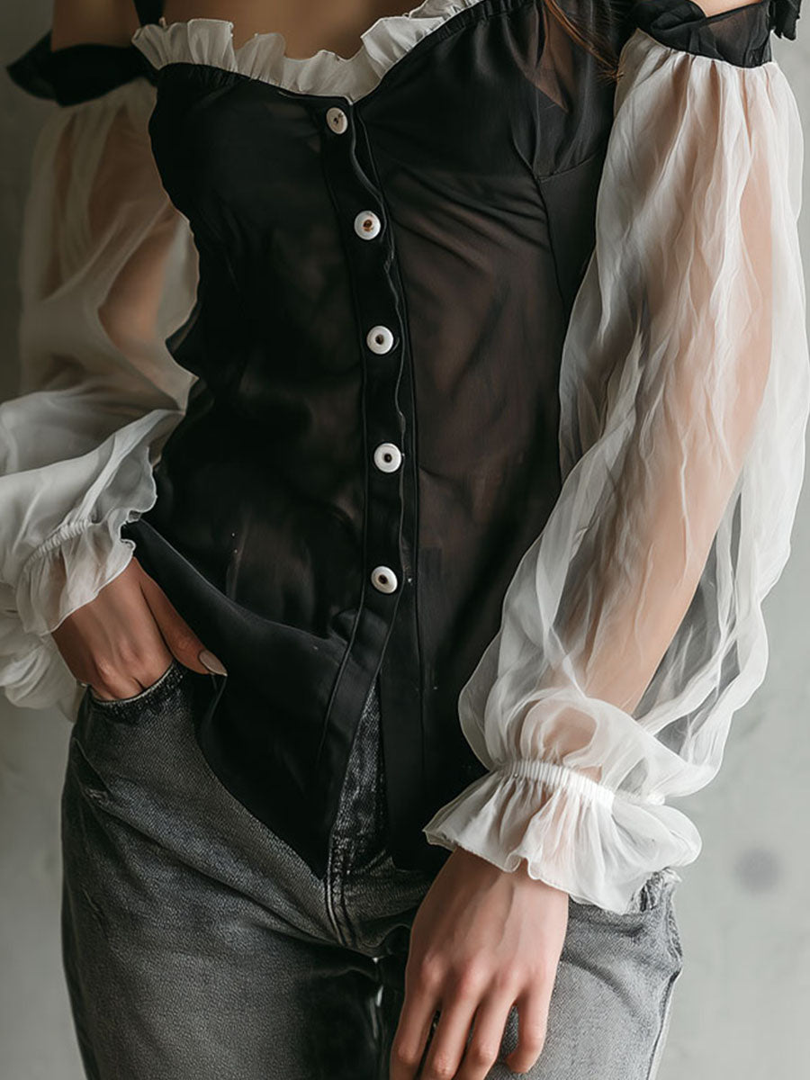 Retro Black Off-Shoulder White Organza Sleeves Blouse White Buttons