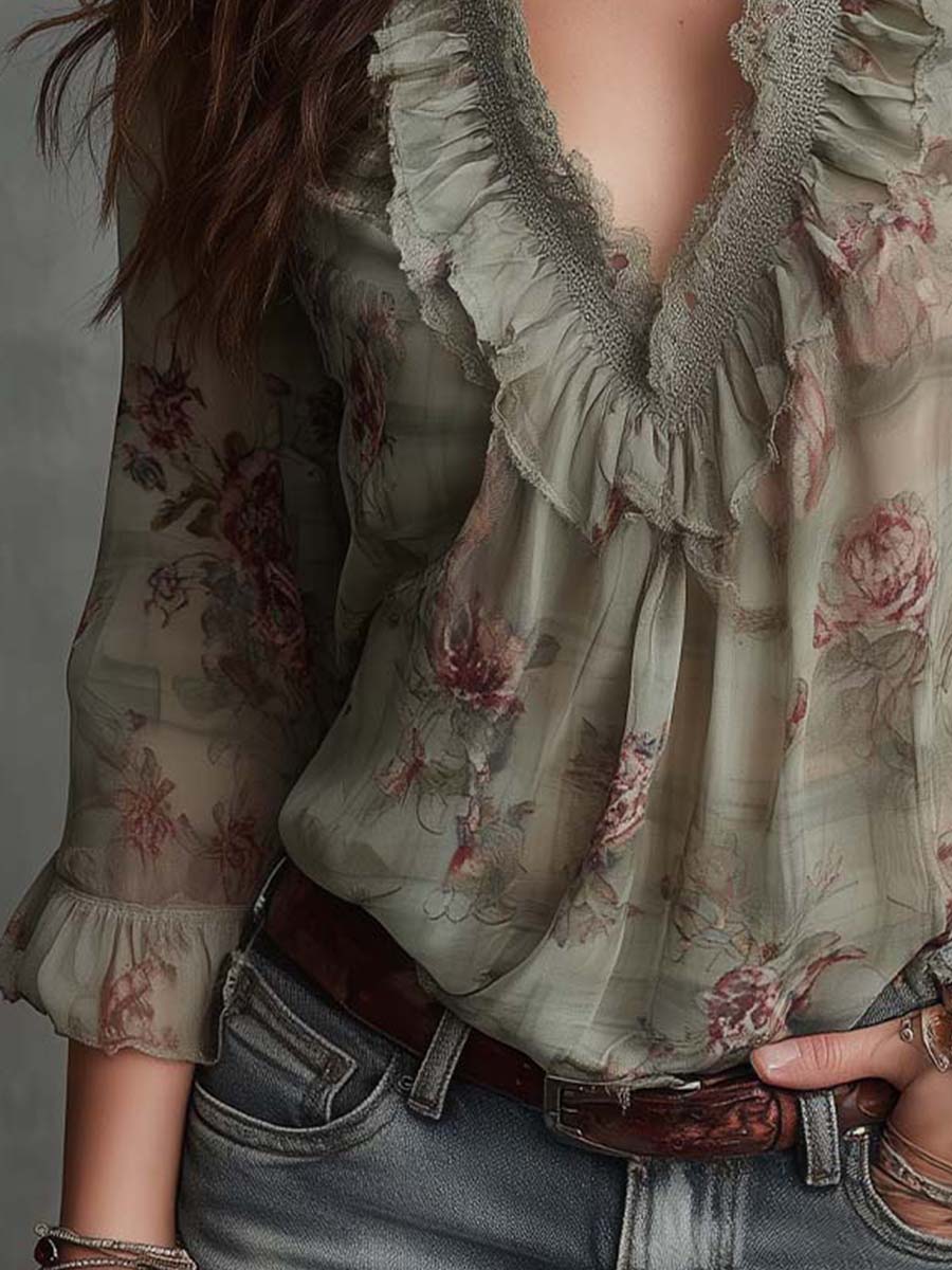 Vintage Floral Ruffle-Lace Chiffon Blouse