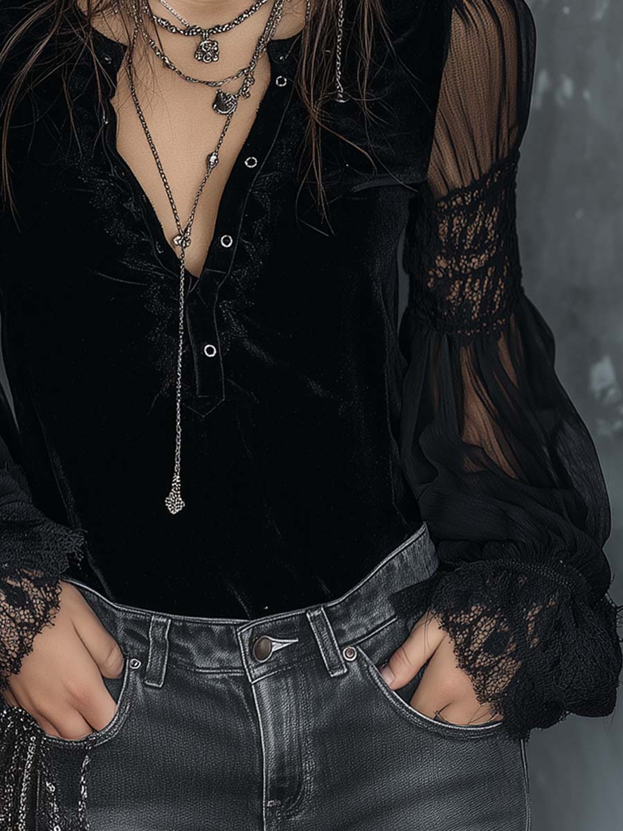 Vintage Henley Collar Sheer Sleeves Lace Trim Polyester Velvet Blouse