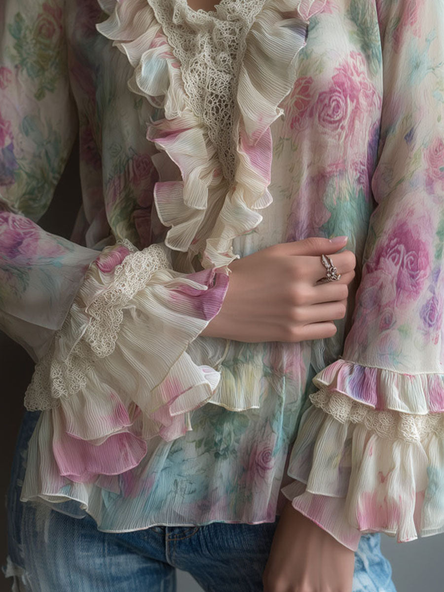 Romantic Vintage Floral Ruffled Chiffon Blouse With Lace Trim