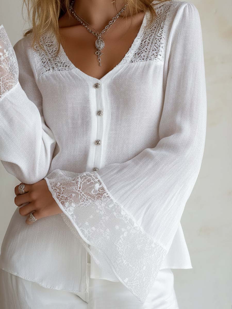 Vintage Lace Bell Cuffs White Blouse