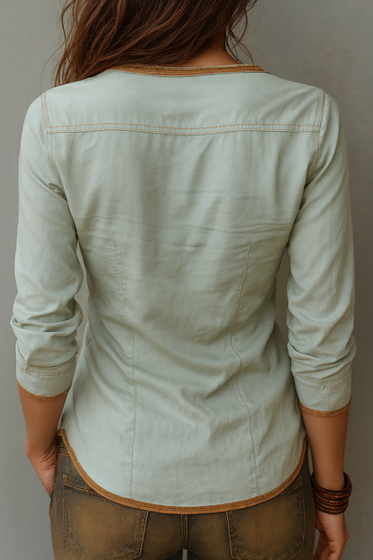 Vintage Washed Henley Collar Denim Blouse