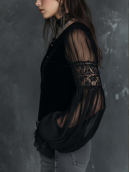 Vintage Henley Collar Sheer Sleeves Lace Trim Polyester Velvet Blouse