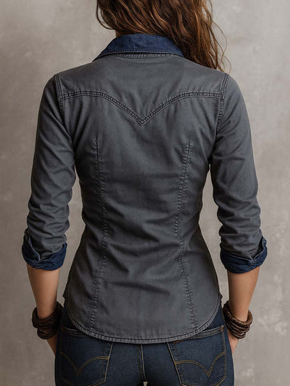 Vintage Washed Zip-up Long-sleeved Denim Shirt