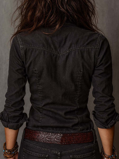 Vintage Washed Zip-up Denim Blouse