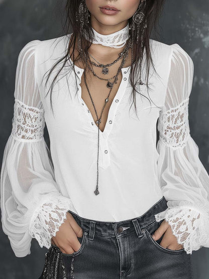 Vintage Henley Collar Sheer Sleeves Lace Trim Polyester Velvet Blouse