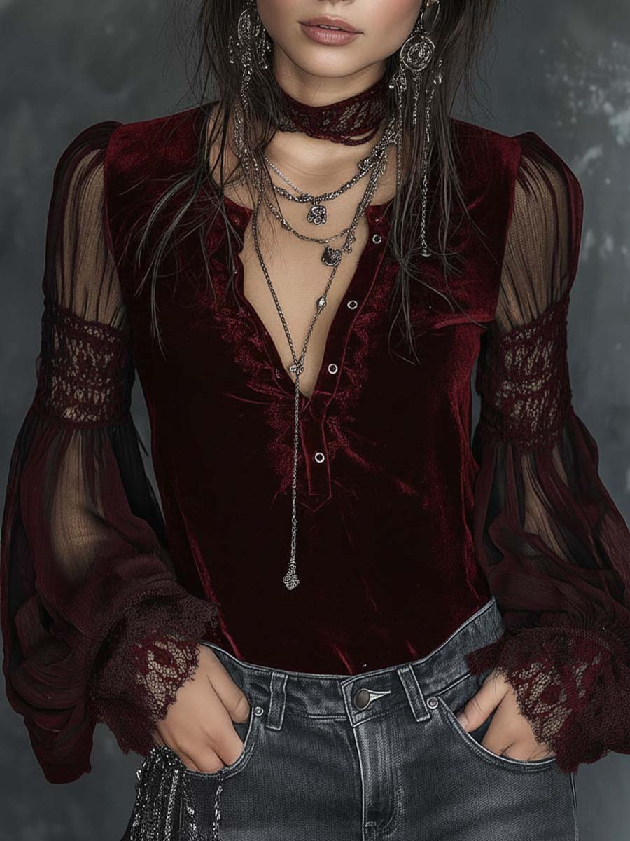 Vintage Henley Collar Sheer Sleeves Lace Trim Polyester Velvet Blouse