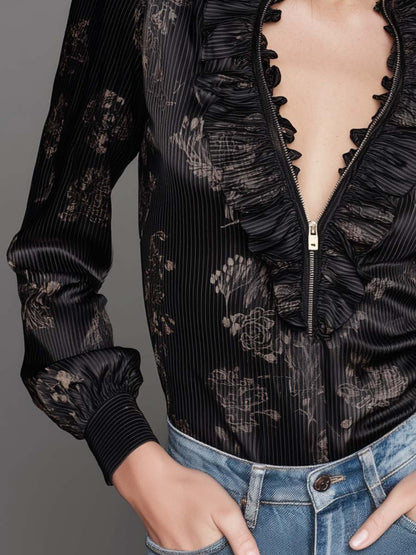 Floral Pinstripe Ruffle Zip-Front Blouse