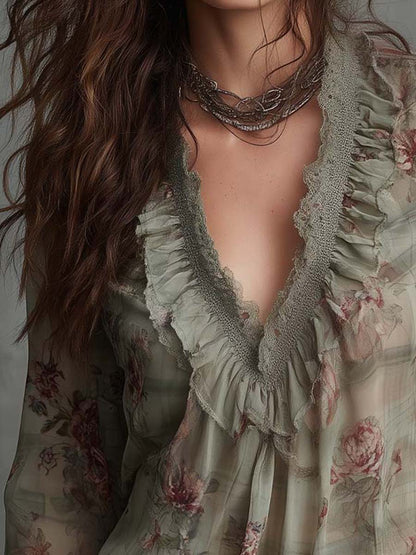 Vintage Floral Ruffle-Lace Chiffon Blouse