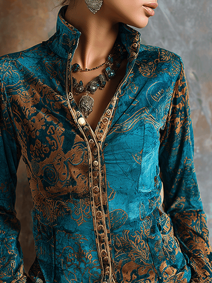 Boho Chic Vintage Peacock Blue Velvet Golden Print Fit Blouse