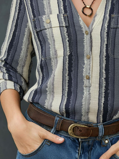 Boho Navy & Cream Striped Frayed Trim Buttons Soft Yarn Blouse