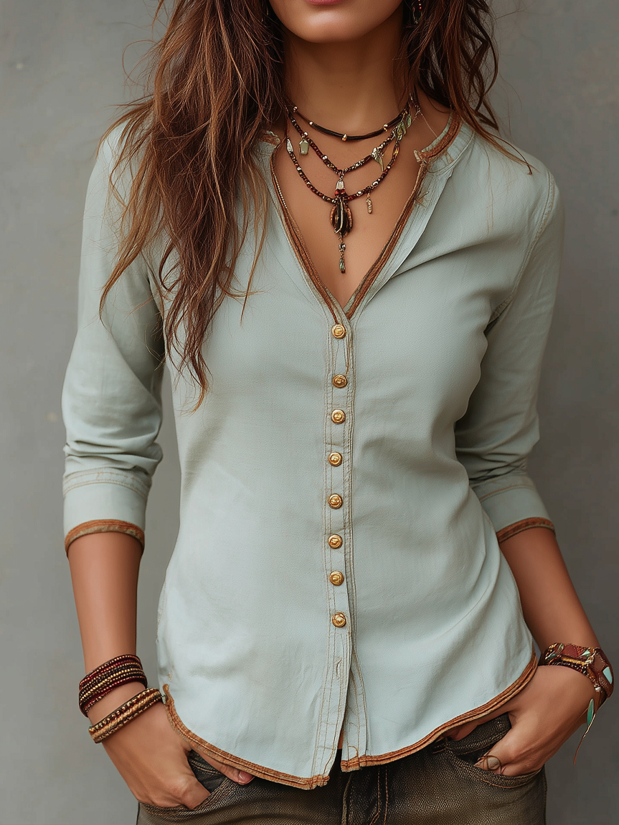 Vintage Washed Henley Collar Denim Blouse