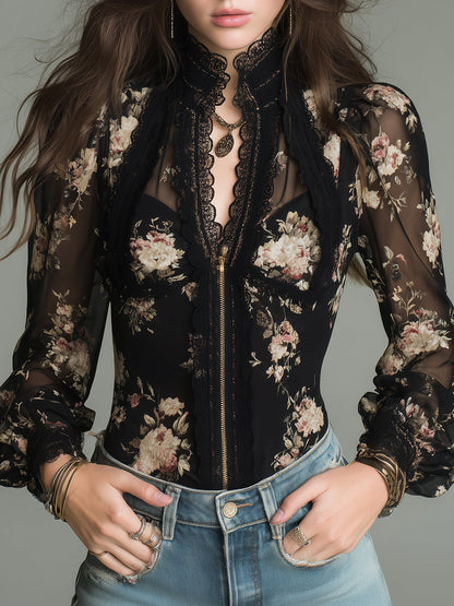 Vintage Printed Chiffon Blouse With Front Zipper And Lace Trim