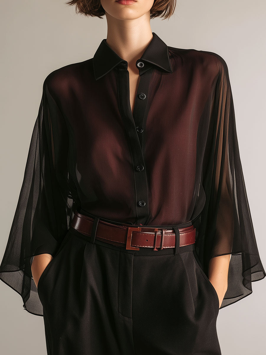 Quiet Luxury Burgundy & Black Semi-Sheer Chiffon Blouse
