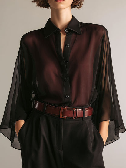 Quiet Luxury Burgundy & Black Semi-Sheer Chiffon Blouse