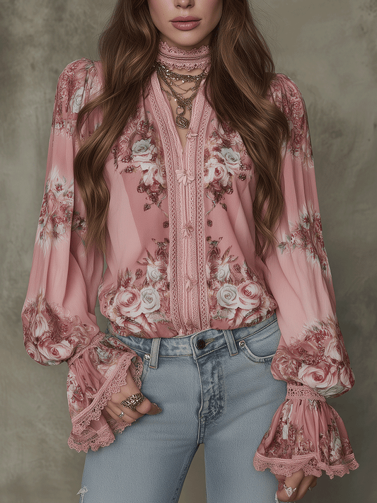 Bohemian Vintage Floral Lace-Trim Chiffon Blouse