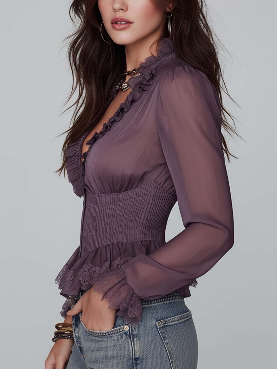 Elegant Dusty Mauve Sheer Ruffle Waist Chiffon Blouse