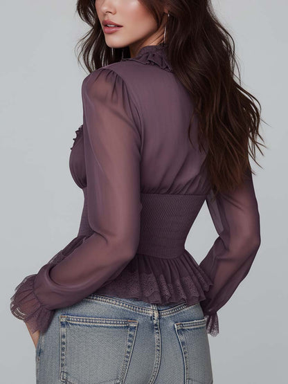 Elegant Dusty Mauve Sheer Ruffle Waist Chiffon Blouse