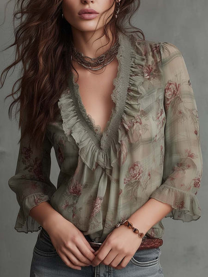 Vintage Floral Ruffle-Lace Chiffon Blouse