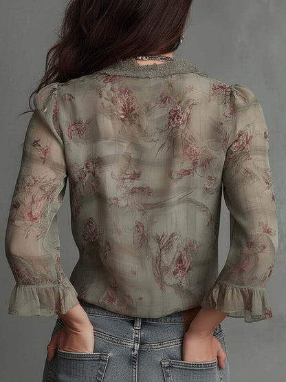 Vintage Floral Ruffle-Lace Chiffon Blouse