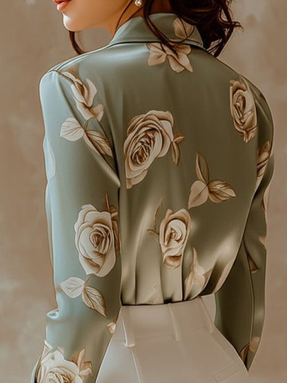 Elegant Lapel Rose Pattern Side Button Down Satin Shirt
