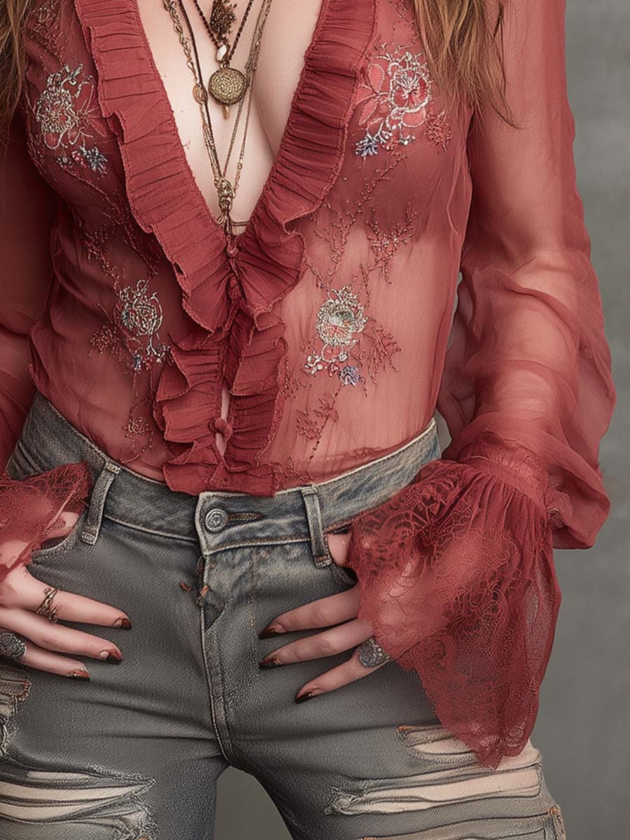 Retro Ruffle Neck Floral Embroidered Chiffon Blouse