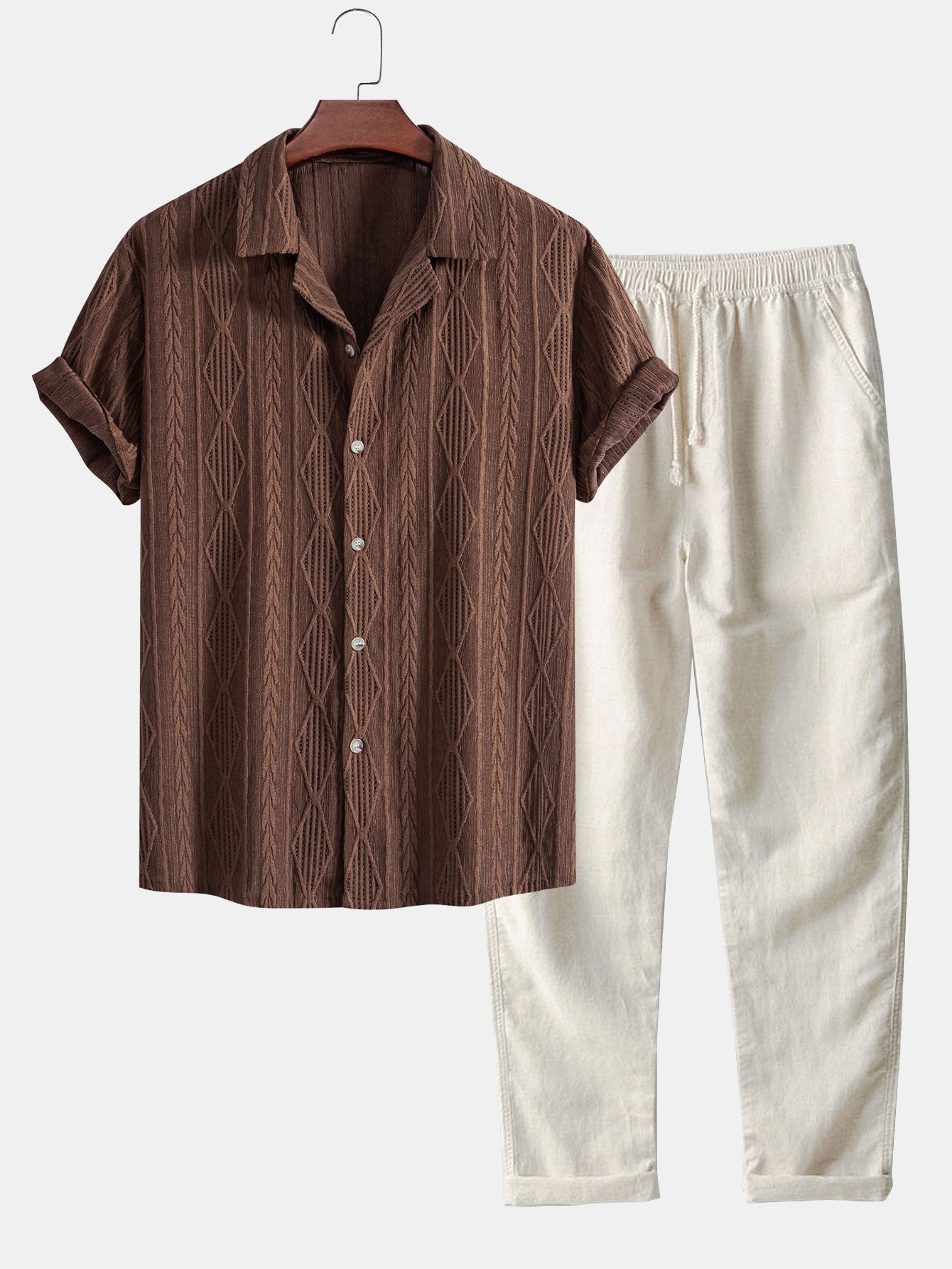 Geometric Jacquard Eyelet Cuban Shirt & Straight Leg Linen Pants