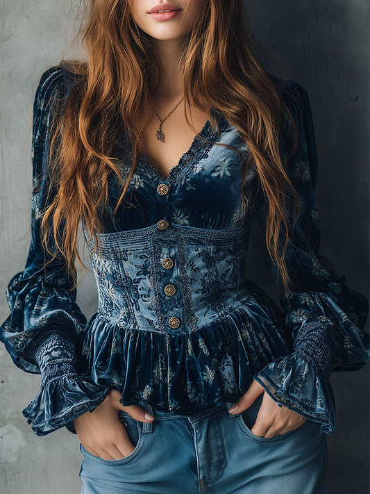 Vintage Blue Velvet Floral Print Corset Style Blouse