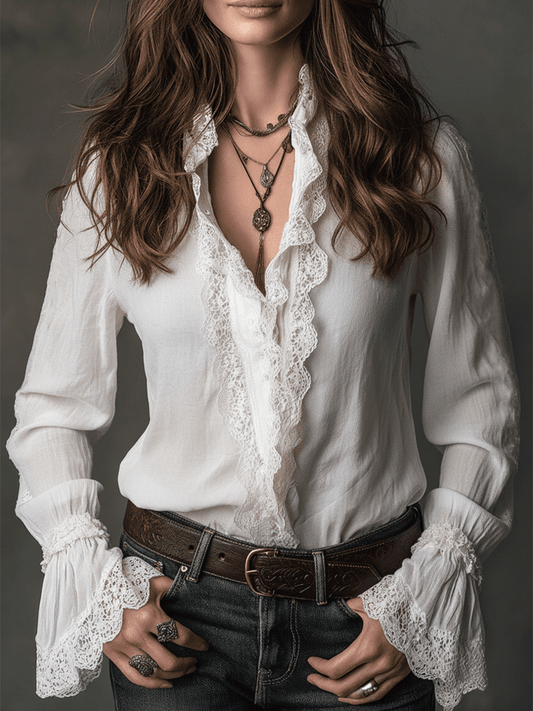 Casual And Versatile White Lace-Trimmed Shirt