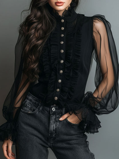 Vintage High Neck Black Sheer Organza Blouse With Ruffle Trim