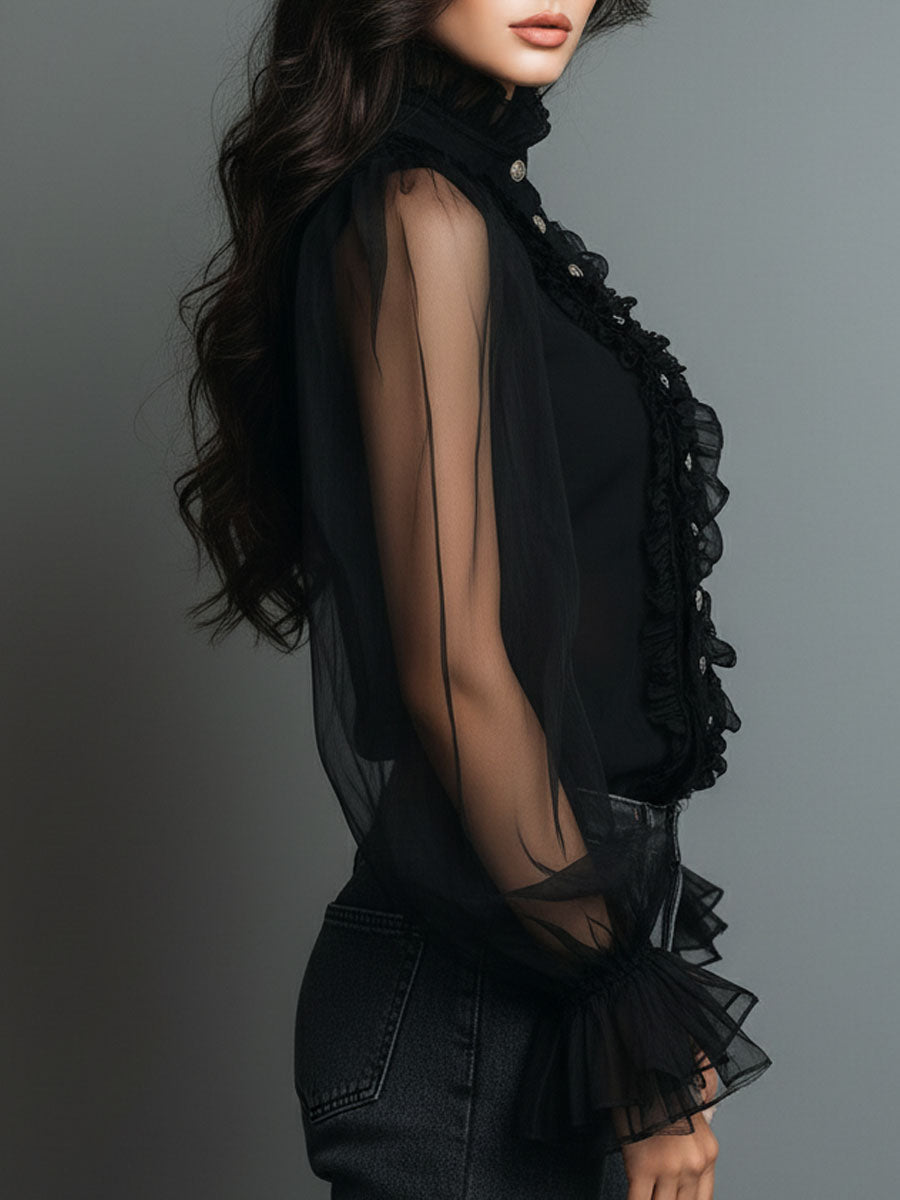 Vintage High Neck Black Sheer Organza Blouse With Ruffle Trim