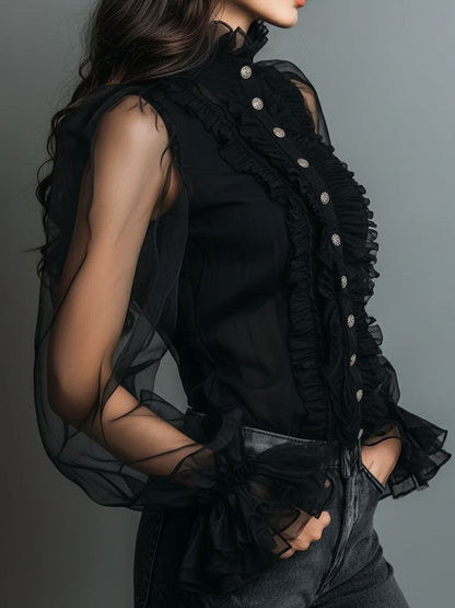 Vintage High Neck Black Sheer Organza Blouse With Ruffle Trim