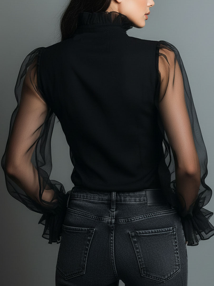 Vintage High Neck Black Sheer Organza Blouse With Ruffle Trim