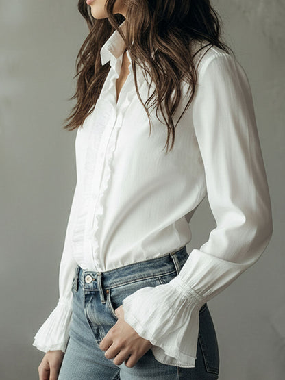 Elegant Ruffled Button-Down Long Sleeve Shirt With Flared Cuffs