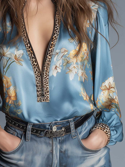 Retro Leopard Print Trim Floral Polyester Satin Blouse