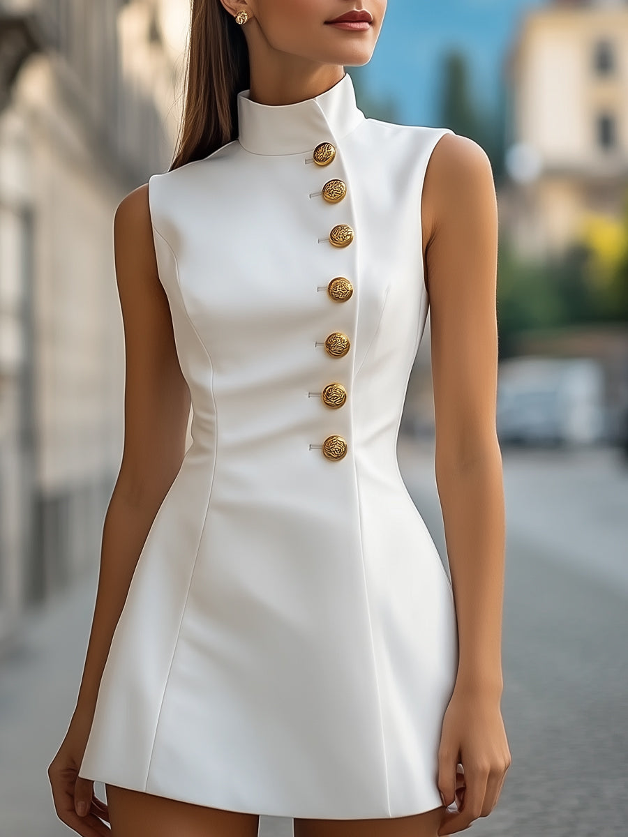 Golden Buttons Satin Sheath Dress with High Collar