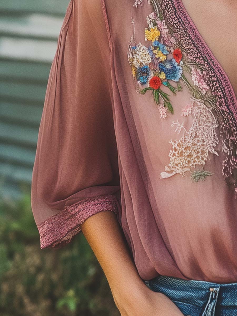 Elegant Gray Purple Floral Embroidery Half Sleeve Chiffon Shirt