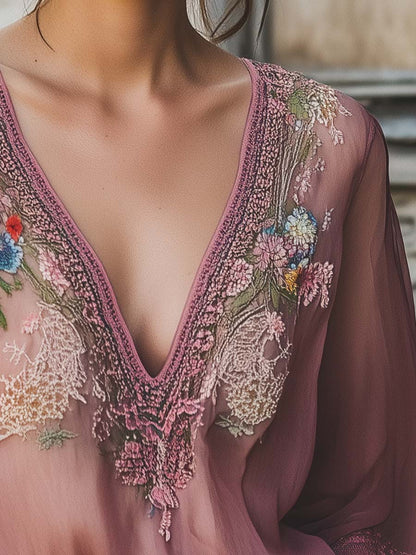 Elegant Gray Purple Floral Embroidery Half Sleeve Chiffon Shirt