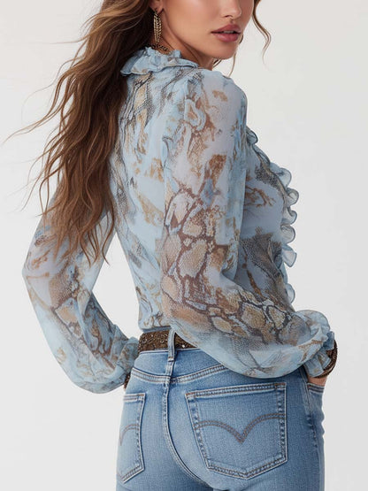 Ruffled Zip-Front Chiffon Blouse In Serene Blue Print