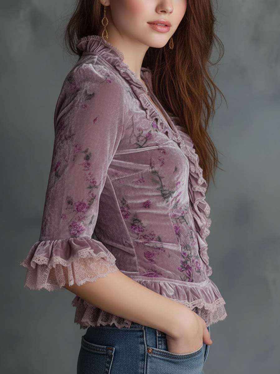 Vintage Floral Velvet Ruffle Top