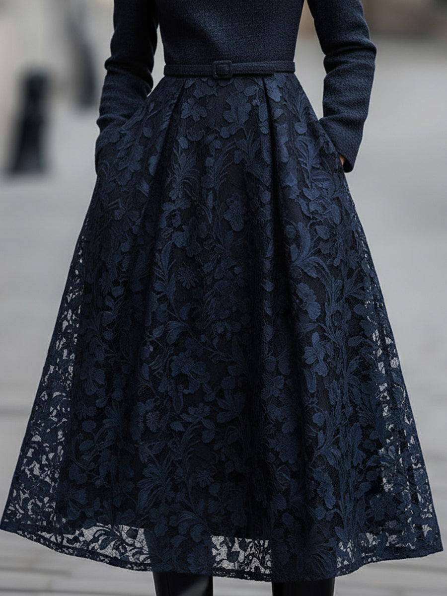 High-Neck Tweed And Lace Midi Dress