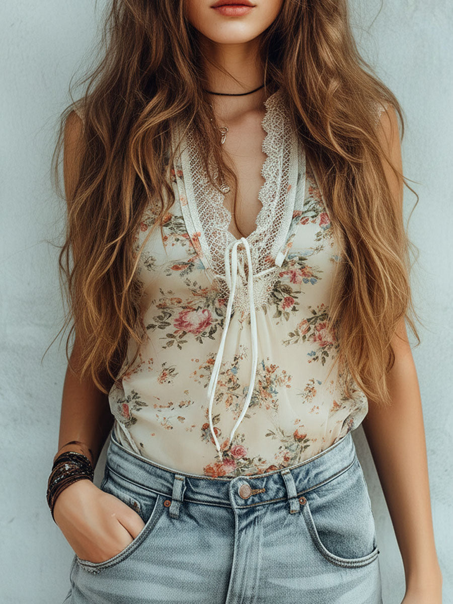 Romantic Floral Print Lace-Trim Sleeveless Chiffon Blouse