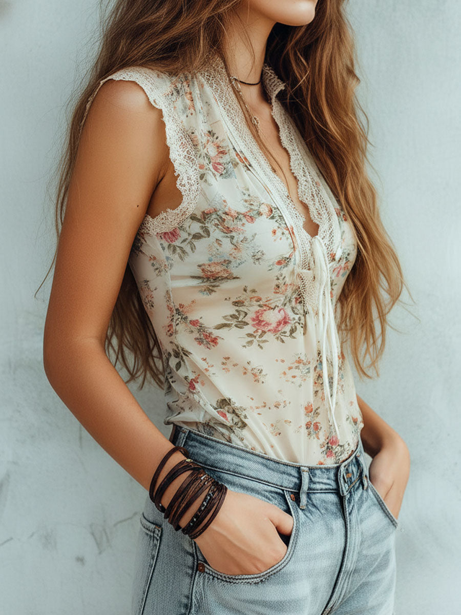 Romantic Floral Print Lace-Trim Sleeveless Chiffon Blouse