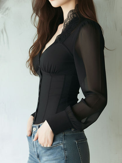 Retro Elegant Black Lace-Trim Sheer Sleeve Corset Blouse