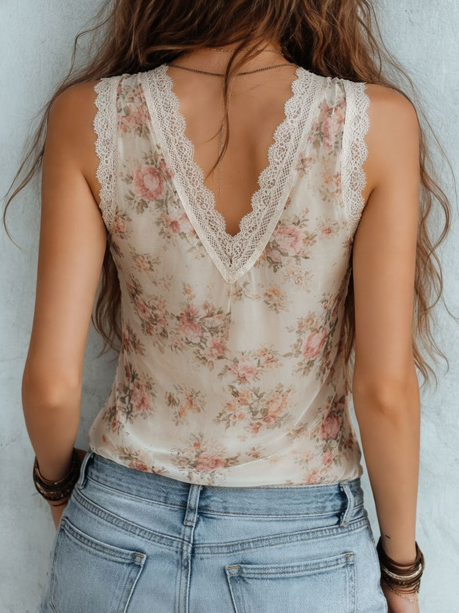 Romantic Floral Print Lace-Trim Sleeveless Chiffon Blouse
