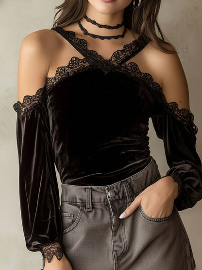Romantic Black Velvet Lace-Trim Cold Shoulder Blouse
