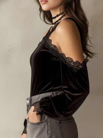 Romantic Black Velvet Lace-Trim Cold Shoulder Blouse